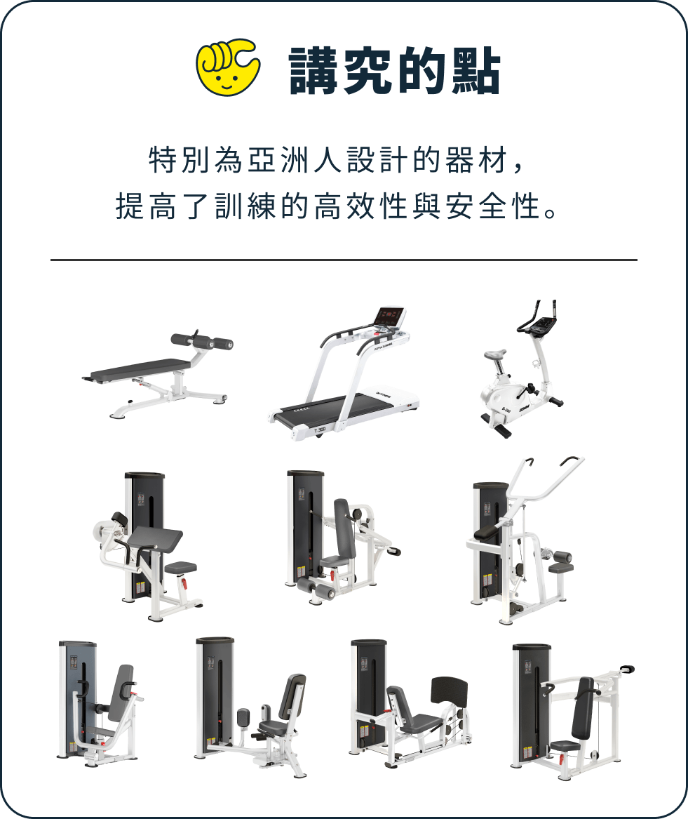 [講究的點]特別為亞洲人設計的器材，提高了訓練的高效性與安全性。